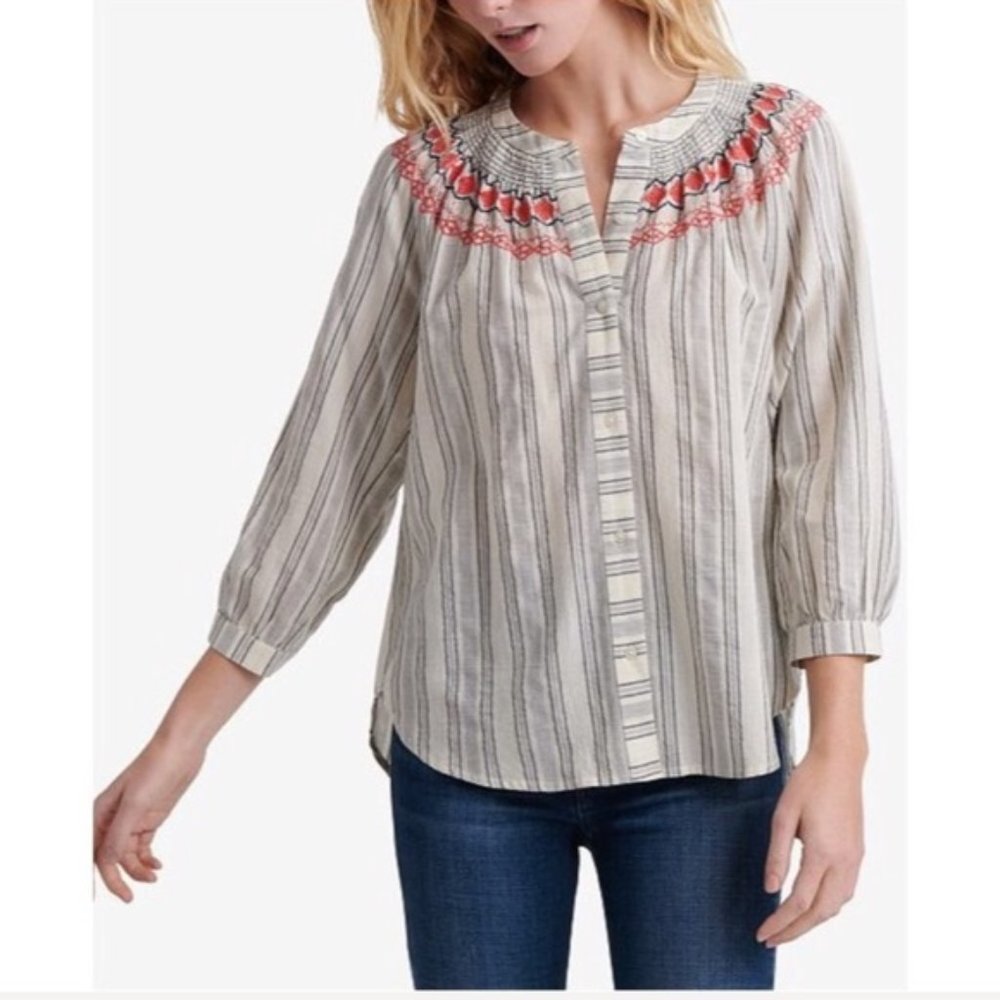 LUCKY Brand Embroidered Striped Button Peasant Top EUC sz M